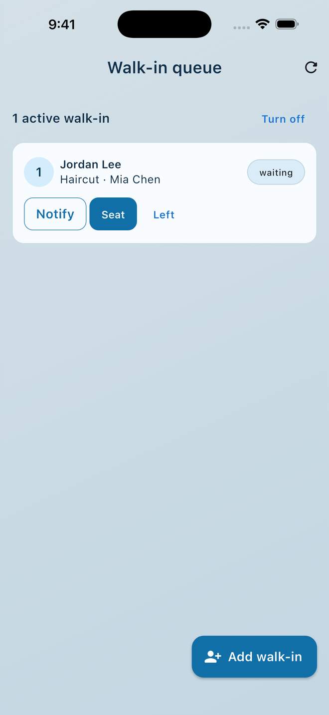 HiOla Business walk-in queue showing a waiting client and Notify, Seat, and Left actions.